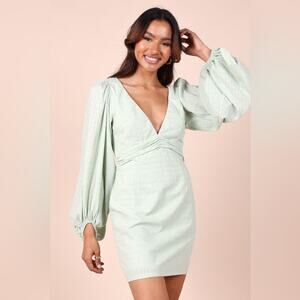 PETAL AND PUP Emilina Long Sleeve Mini Dress in Sage Green Size XS